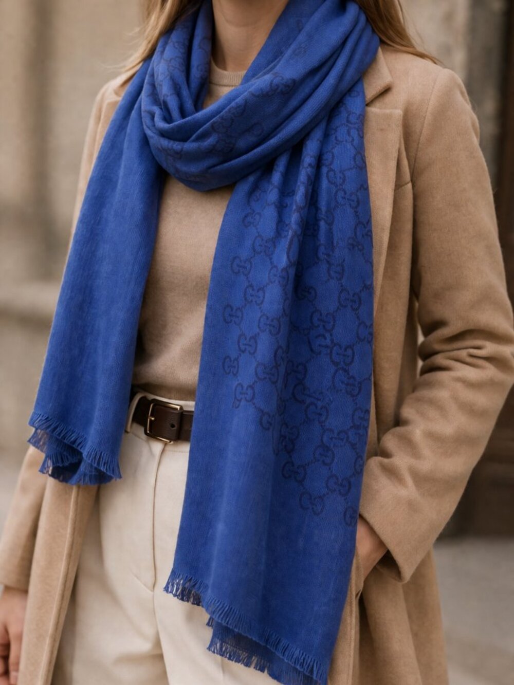 GUCCI Made In Italy Wool Silk Blend Luxury Logo Scarf Blue 18in W x 71in L NWT
